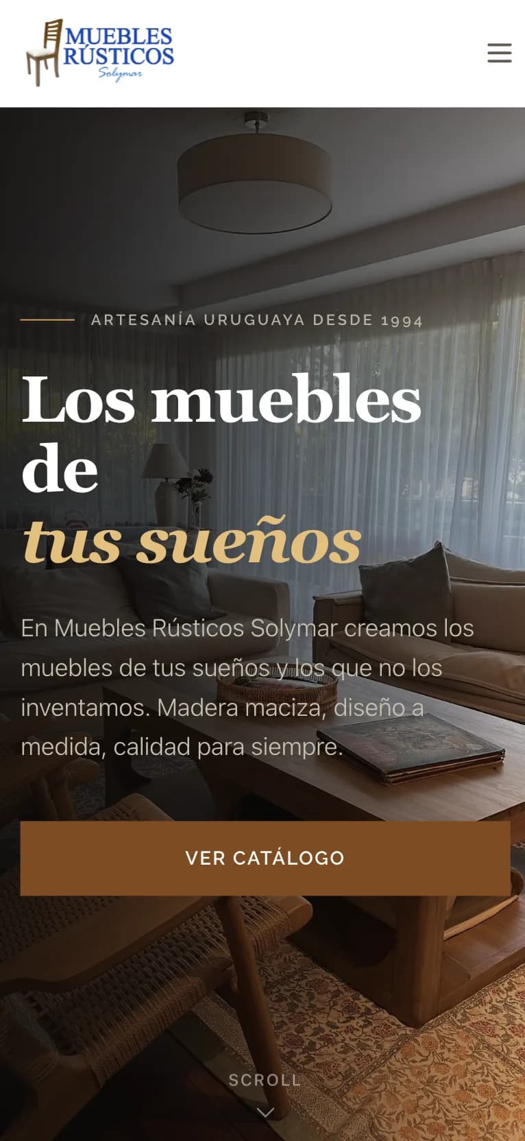 Muebles Rústicos en el celular: el titular y el botón para ver el catálogo.